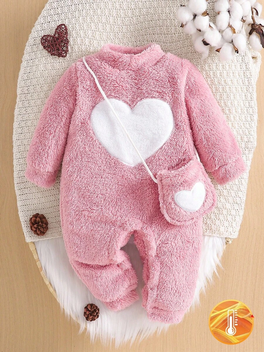 SHEIN Playful Pals 1pc Baby Girls Long Sleeve Fleece Romper, Heart Embroidery Fluffy Pink Jumpsuit With Crossbody Bag, Soft & Warm, Reinforced Crotch, Daily Casual Outfit For Winter