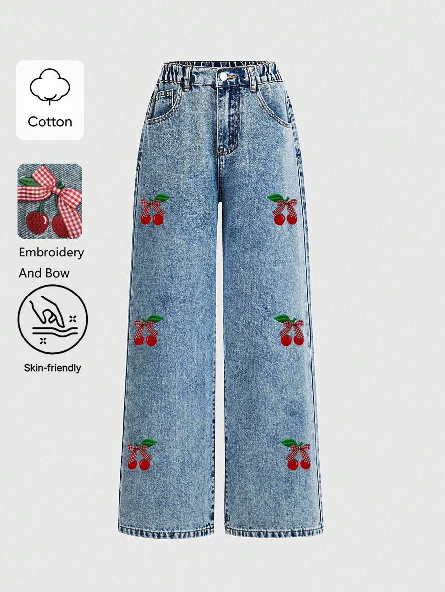 Tween GirlsLight Washed Denim Jeans With Sweet Embroidered Butterfly & Cherry Blossom Patterns, Comfortable Casual Outdoor Elastic Waist Wide-Leg Pants