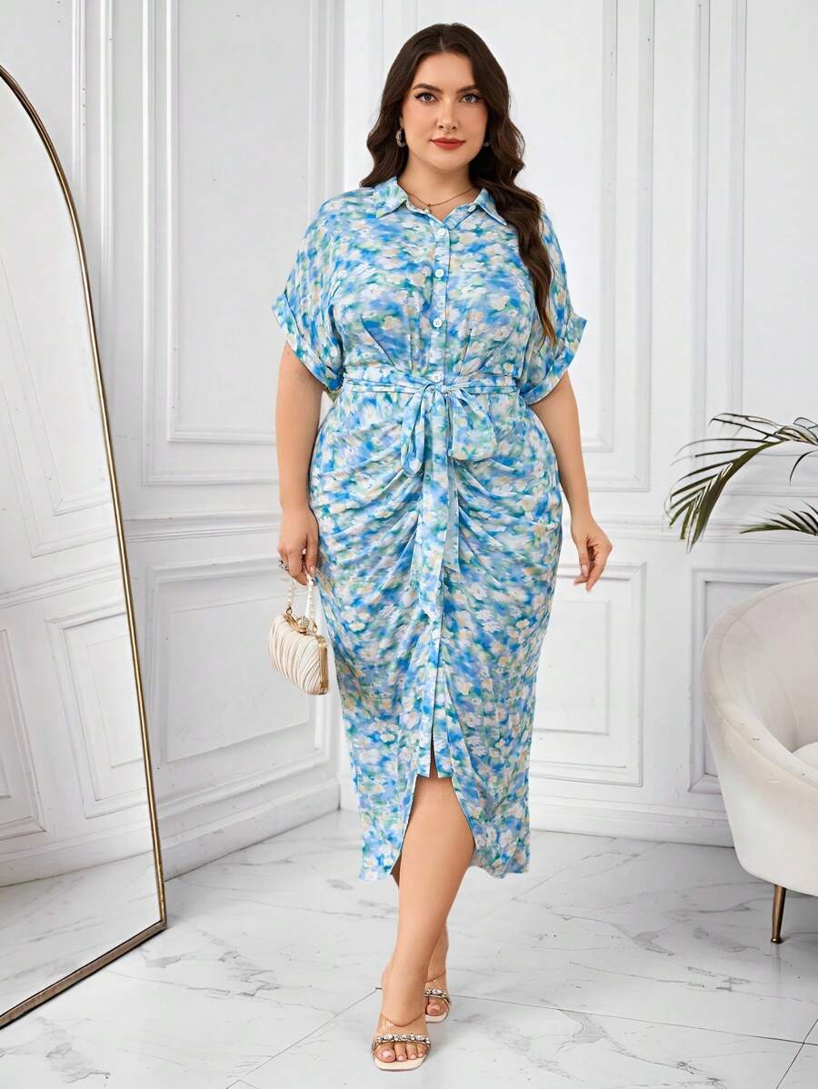 Modelyn Plus Size Women Summer Holiday Floral Printed Batwing Sleeve Belt Pleated Fitted Shirt Dress