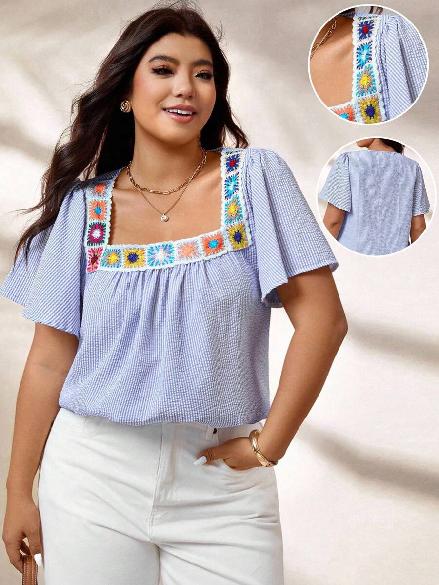 Elenzga Plus Size Summer New Floral Patchwork French Square Collar Pullover Sweater For Women, Fashion Chic Striped Short Sleeve T-Shirt For Women, Fashionable Unique Summer Baggy Smock Top Blouse For Plus Size Figure