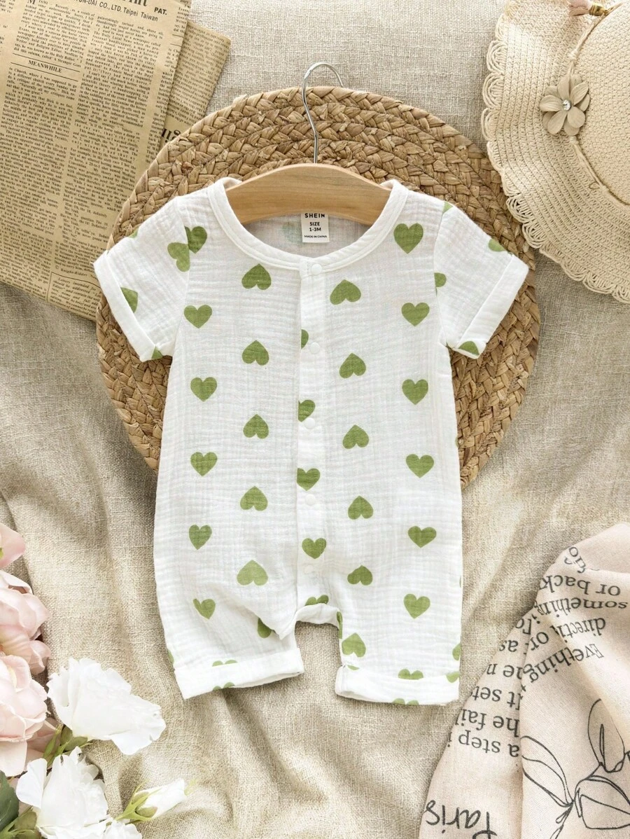 SHEIN Newborn Baby Summer Cotton Double Gauze Heart Print Front Jumpsuit Open Collar Short Sleeve Romper, Valentines Clothes, Valentines Outfit, Newborn, Unisex Baby Clothes,, 0M-9M Heart Print Romper Newborn Clothes Unisex Newborn Romper Baby Romper