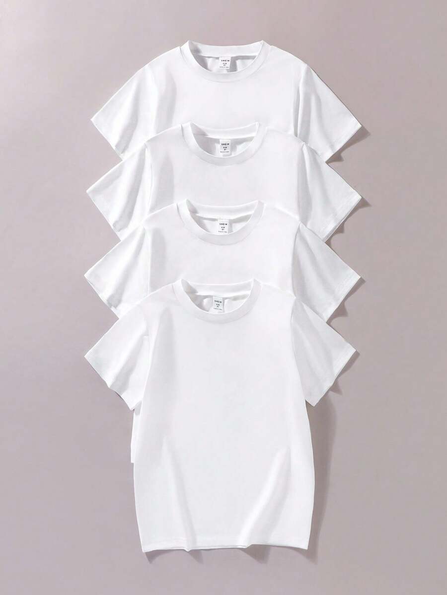 4pcs/Set Boys Basic Casual School Style White T-Shirts, Suitable For Casual Sports & Layering Wear