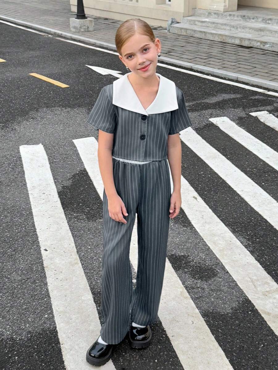 SHEIN 2 pièces Ensemble : Top rayé et pantalon de mode française. Veste courte avec fermeture à boutons avant, pantalon large taille haute, convient pour le port quotidien et les vacances, printemps/automne