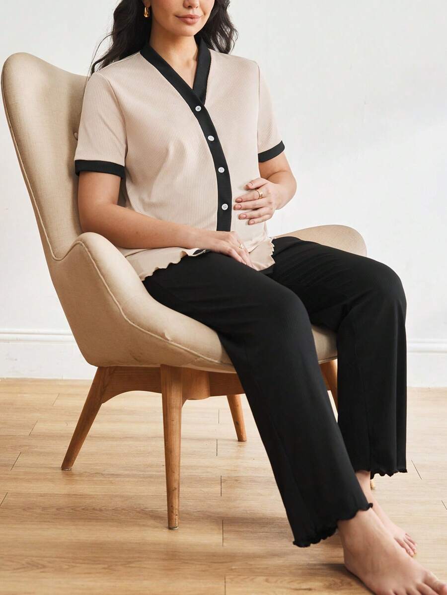 BloomMama Minimalist Color Block Single Button V-Neck Short Sleeve Maternity Home Lounge Set