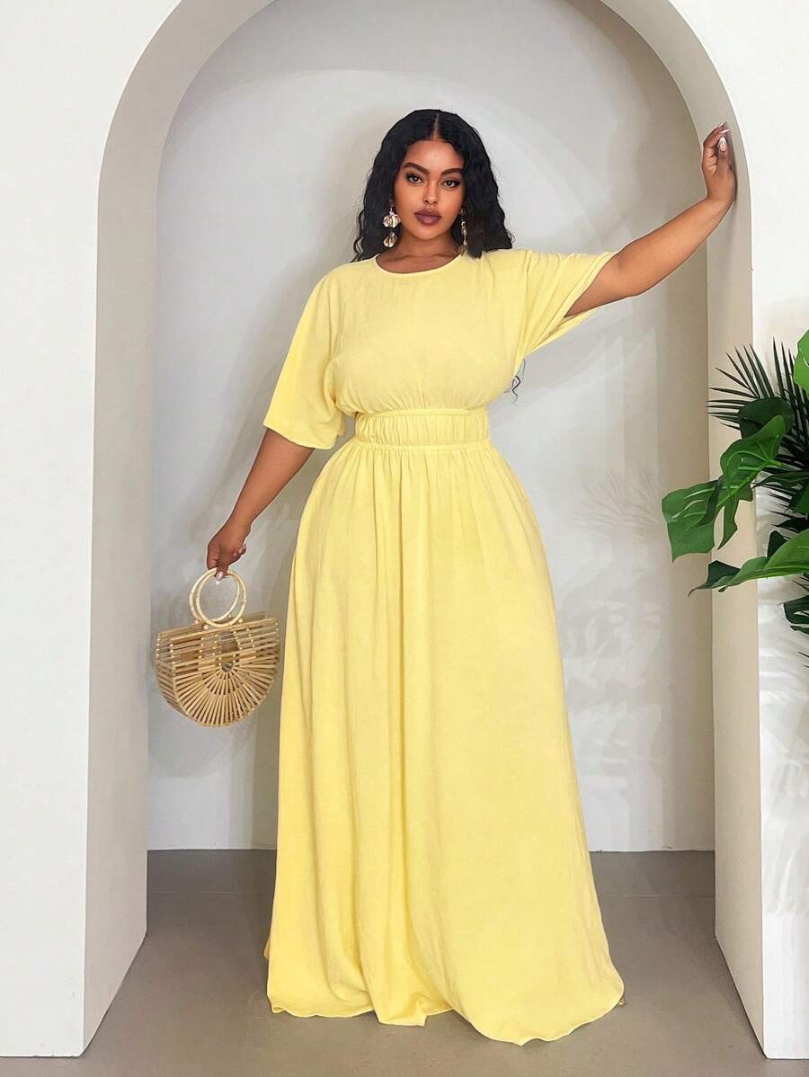 Veslaya Nouvelle arrivée Printemps/Été 2025, Vacances et Décontracté Quotidien et Élégant Soirée et Romantique, Jaune unicolore, Manches Tombantes, Taille Élastique Plissée Volume Robe Longue Évasée, Tissu Texturé Tissé, Grande Taille Femme
