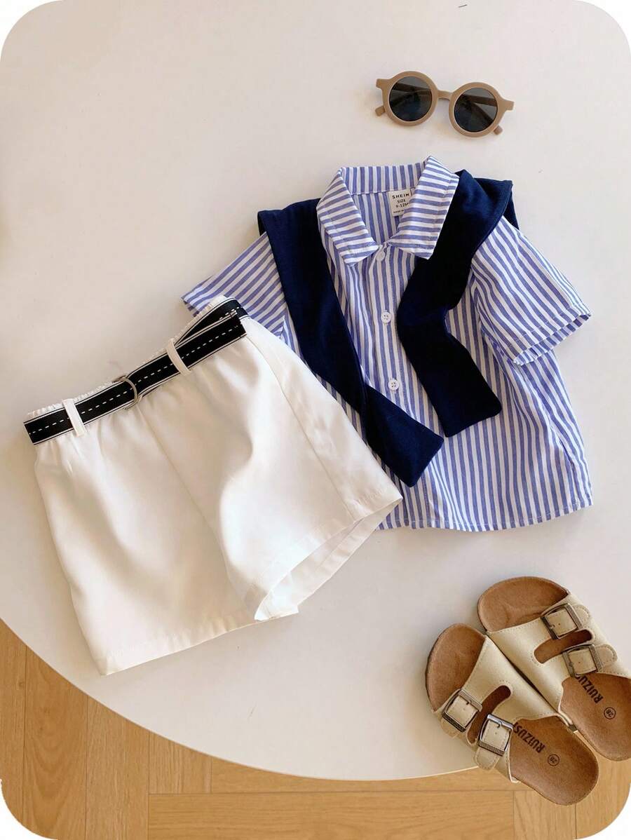 SHEIN 4pcs/Set Baby Boy Summer Cute Striped Short Sleeve Shirt, Elastic Waist Shorts, Cape, Bowknot , Suitable For Birthday Party, Formal Events, Wedding, Baby Shower, 1 Year Old Celebration