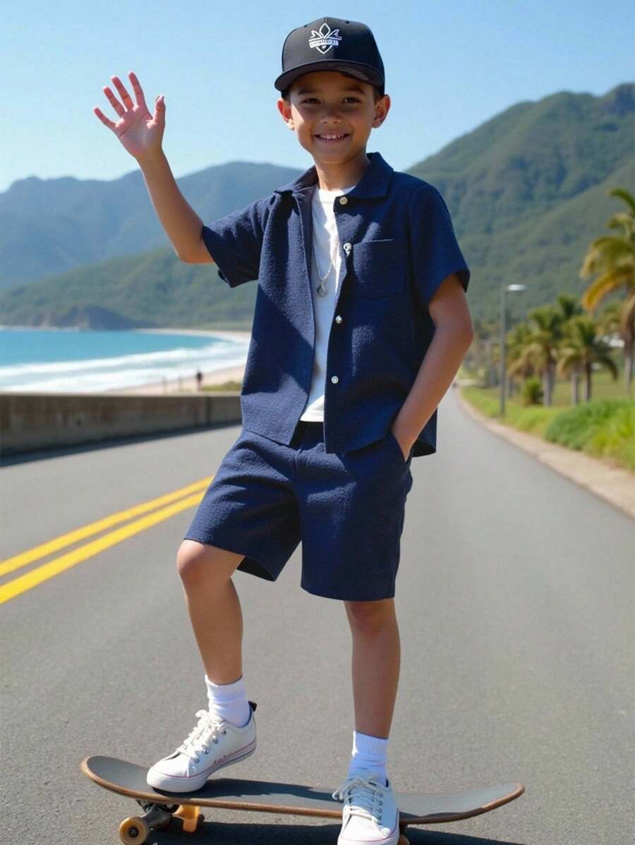 SHEIN Tween Jongen Stevige Voorpand met knoppen Shirt & Shorts Zonder T-shirt