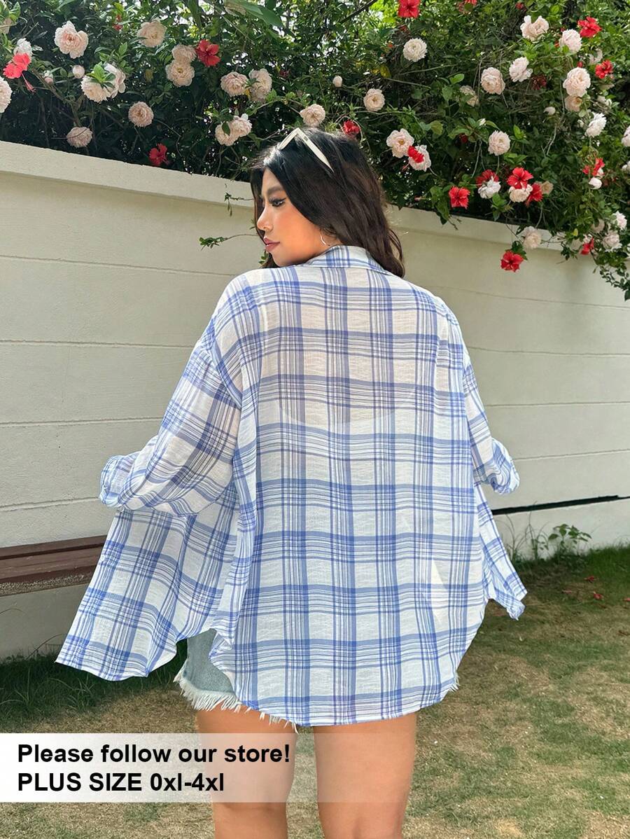 Solflare Plus Size Women's Plaid Print Casual Long Sleeve Blouse, Summer