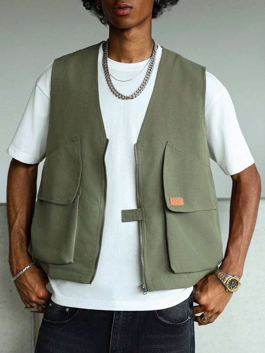 Manfinity Hypemode Chaleco casual de moda urbana para hombre con cremallera frontal y bolsillos con solapa, para verano