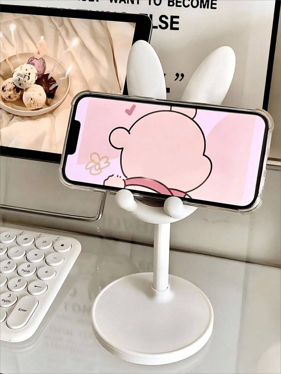 SHEIN 1 Stück kompakter ABS und Aluminium verstellbarer, faltbarer weißer Hasen-förmiger Tablet- und Smartphone-Ständer für Hochzeit und Geburtstag und Heimdekoration, Raumdekoration, Bürodekoration, Rückkehr zur Schule