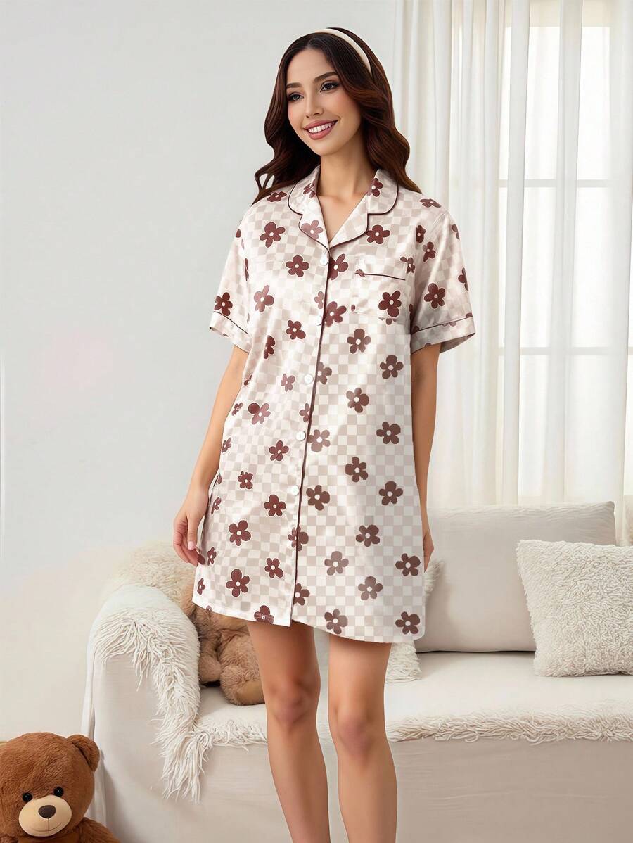 Aprikosen-Blume Muster-Langhemdkleid für Damen, stilvolles und süßes lässiges Nachtwäsche-Pyjama-Set mit Blumenkaromuster, Seidenpyjama-Set, Vintage-Pyjama-Set