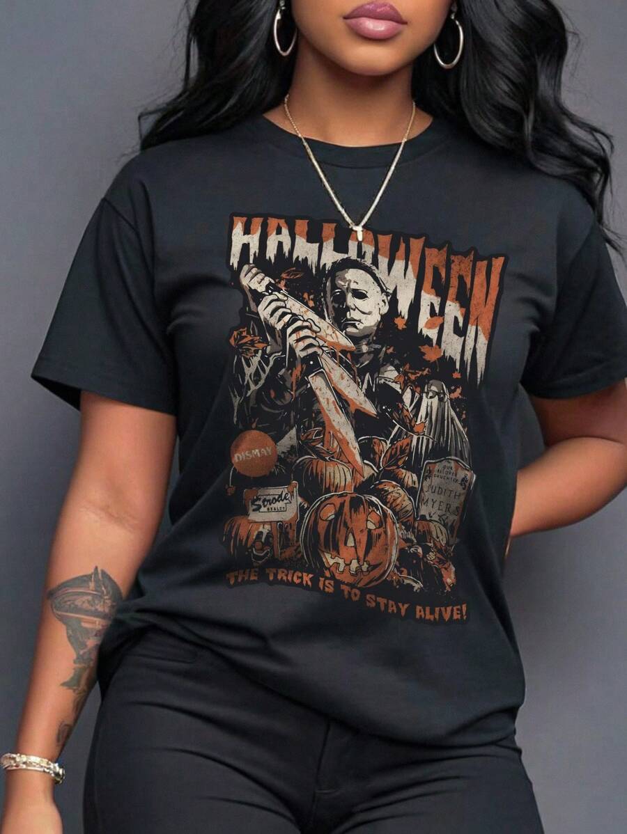 Maweii Plus Size Men Pumpkin Portrait Letter Graphic Round Neck Short Sleeve T-Shirt, Halloween