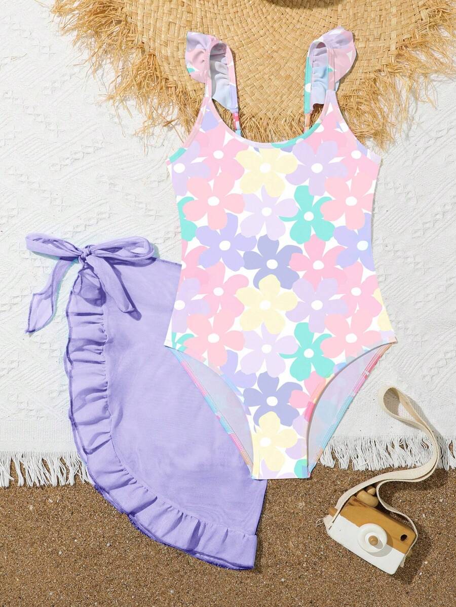 Traje de baño de una pieza para niña preadolescente con estampado floral y falda de volantes
