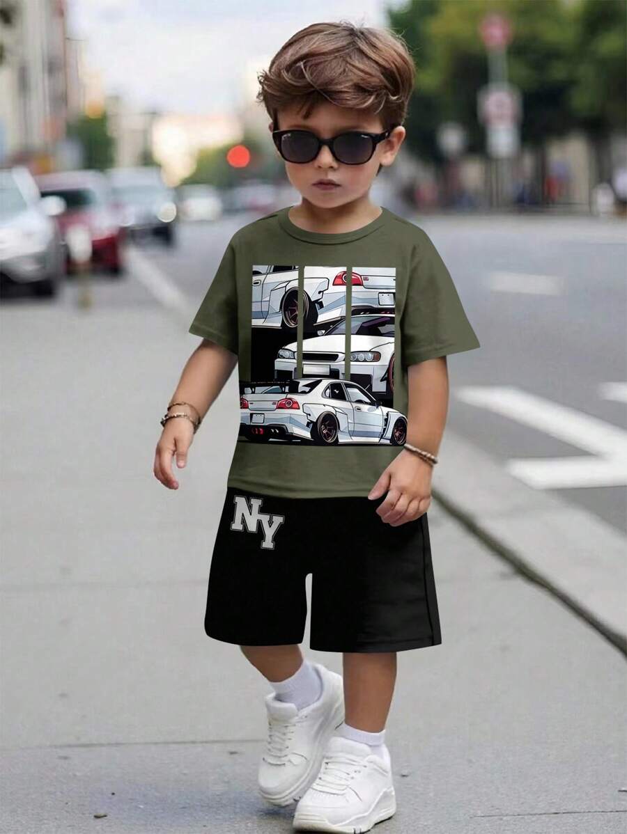SHEIN Set de 2 piezas de camiseta de manga corta casual y pantalones cortos para niños, adecuado para el verano