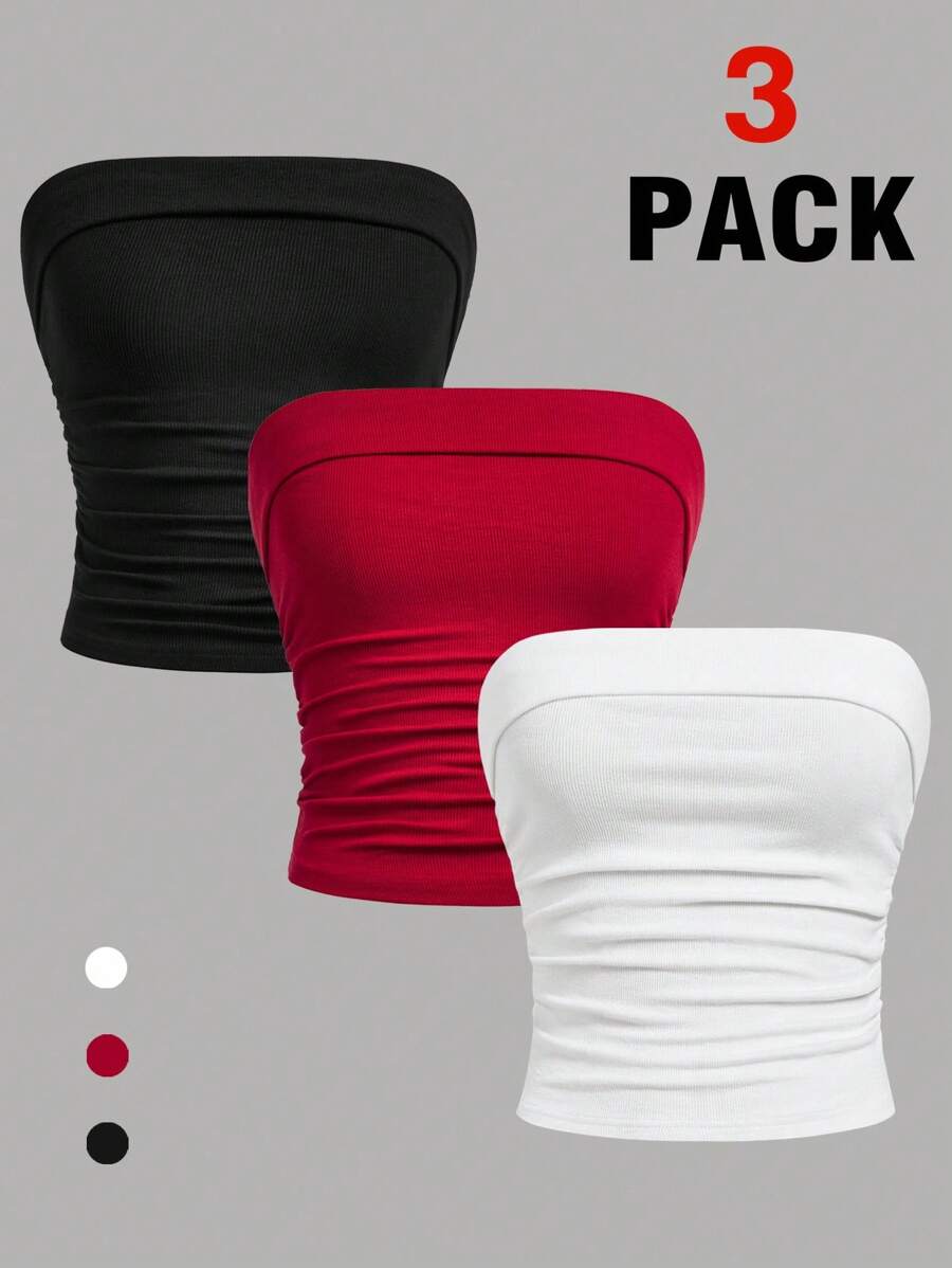 SHEIN Girlism Set de 3 blusas sin mangas de punto acanalado ajustadas con pliegues en los lados, de estilo minimalista y todo a juego para niña preadolescente, en blanco, negro y burdeos. Blusas a juego para madre e hija sin tirantes.