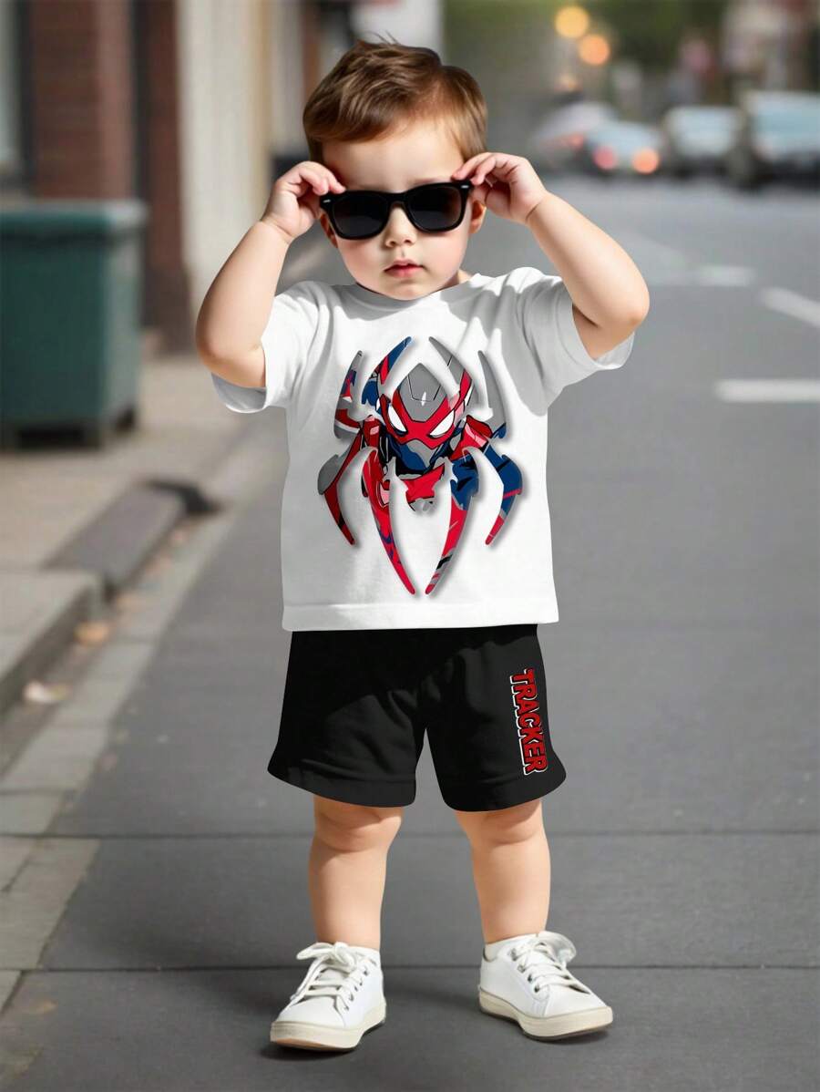 SHEIN Conjunto de camiseta de manga corta y pantalón corto informal con patrón de araña de dibujos animados para niño joven, adecuado para el verano