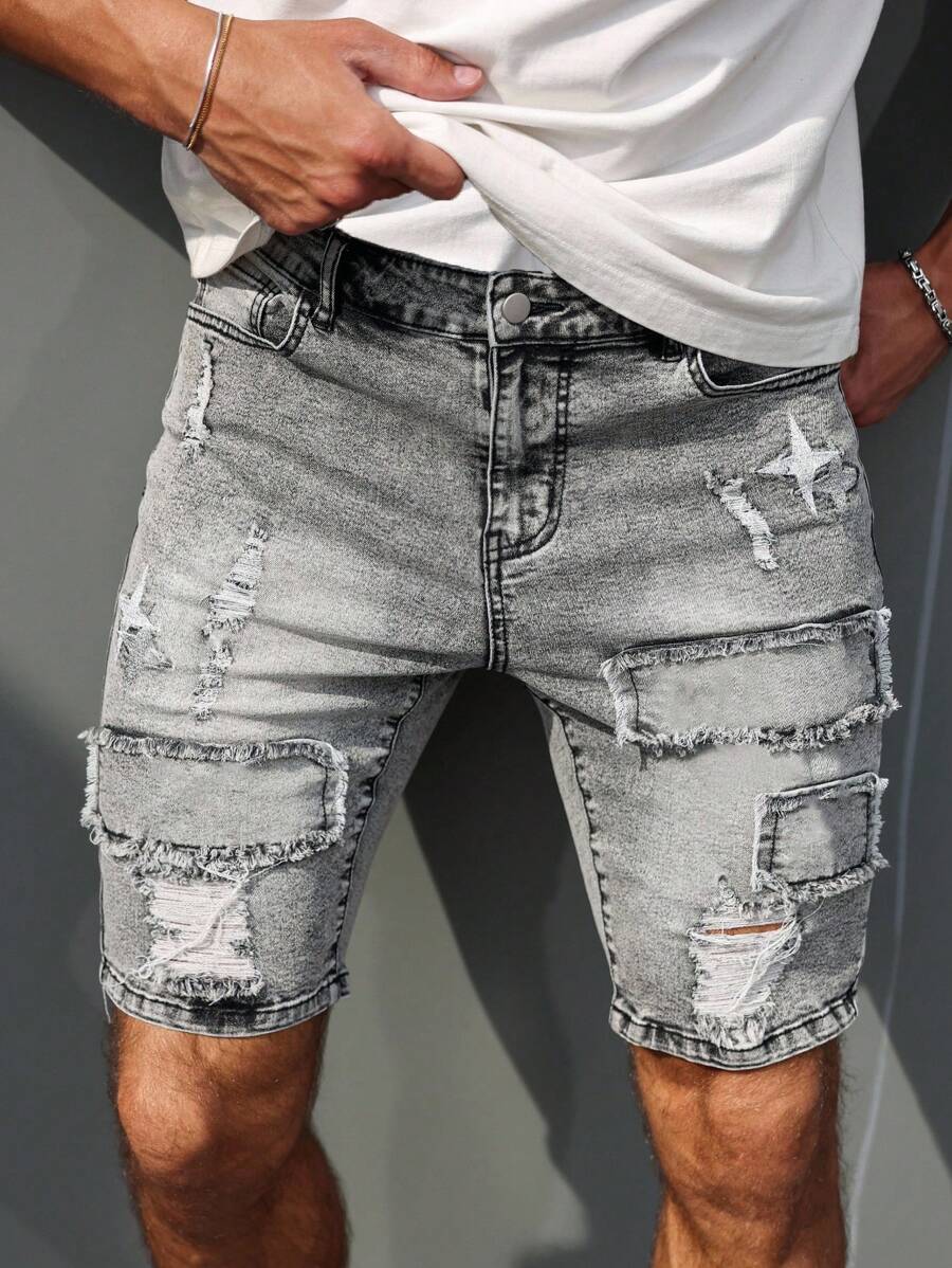 Manfinity LEGND Pantalones cortos informales de mezclilla desgastados para hombre, para verano
