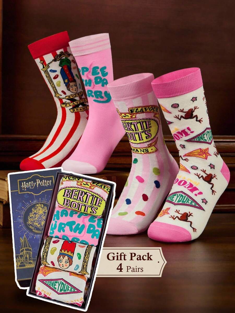 HARRY POTTER X SHEIN 4 Pairs Soft & Breathable Moisture-Wicking Casual Women Crew Socks With Fashionable And Cute Pink Crew Socks Reinforced Toe & Heel For Durability Unisex For Men & Women All Season All-Match,Christmas