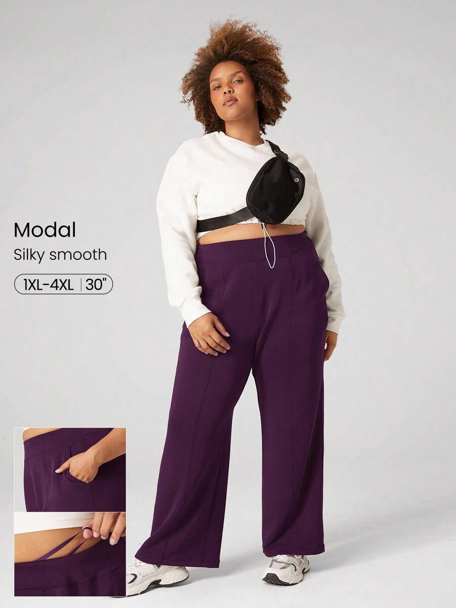 GLOWMODE Modal Plus Size Wide Leg Built-In Adjustable Drawstring Waist Pants With Side Pockets Daily Casual