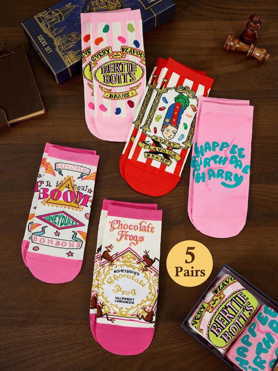 HARRY POTTER X SHEIN 5 Pairs Gift Box Packaging Soft & Breathable Moisture-Wicking Casual Women Ankle Socks WithBertie Bott's Every Flavor Beans Fashionable And Cute Pink Short Socks Reinforced Toe & Heel For Durabiliy All Season All-Match,Christmas