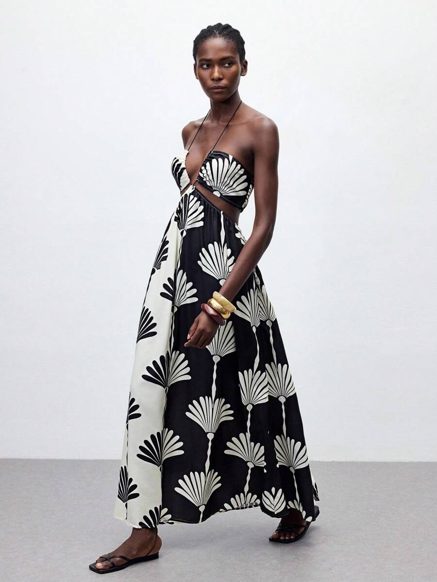 Maija Abito loose con collo a coulisse, effetto colorblock bianco e nero, con stampa, con frange e design traforato, stile casual da vacanza e spiaggia, versatile per primavera/estate