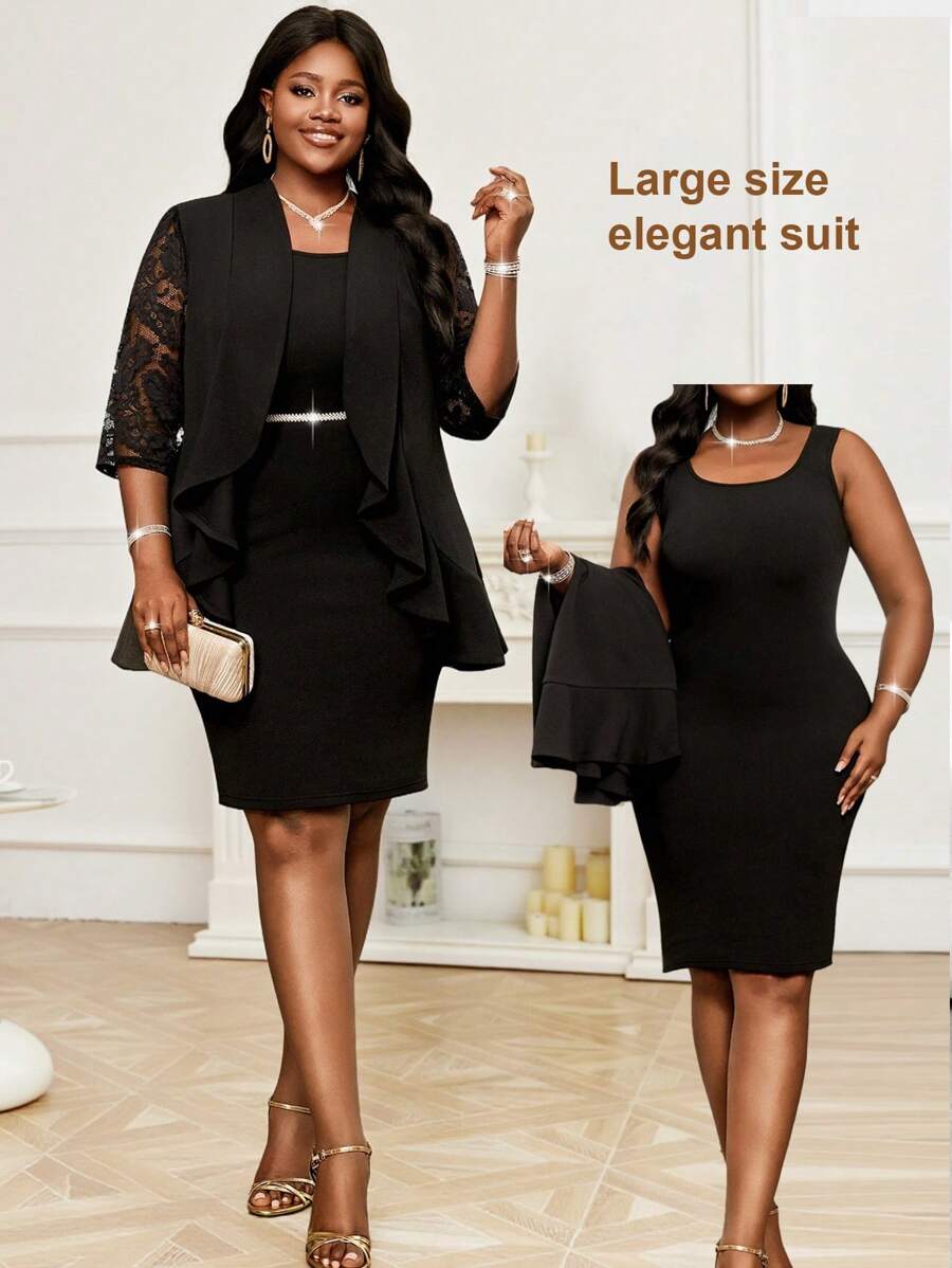 SHEIN Lady Vestidos talla grande con cuello barco de punto elegante, con contraste de encaje y volantes, de manga tres cuartos, ideales para el trabajo, cóctel y ocasiones especiales en primavera, verano y otoño. Conjuntos de talla grande, abrigos de piel sintética talla grande, vestuario de trabajo elegante y ropa de mujer de verano