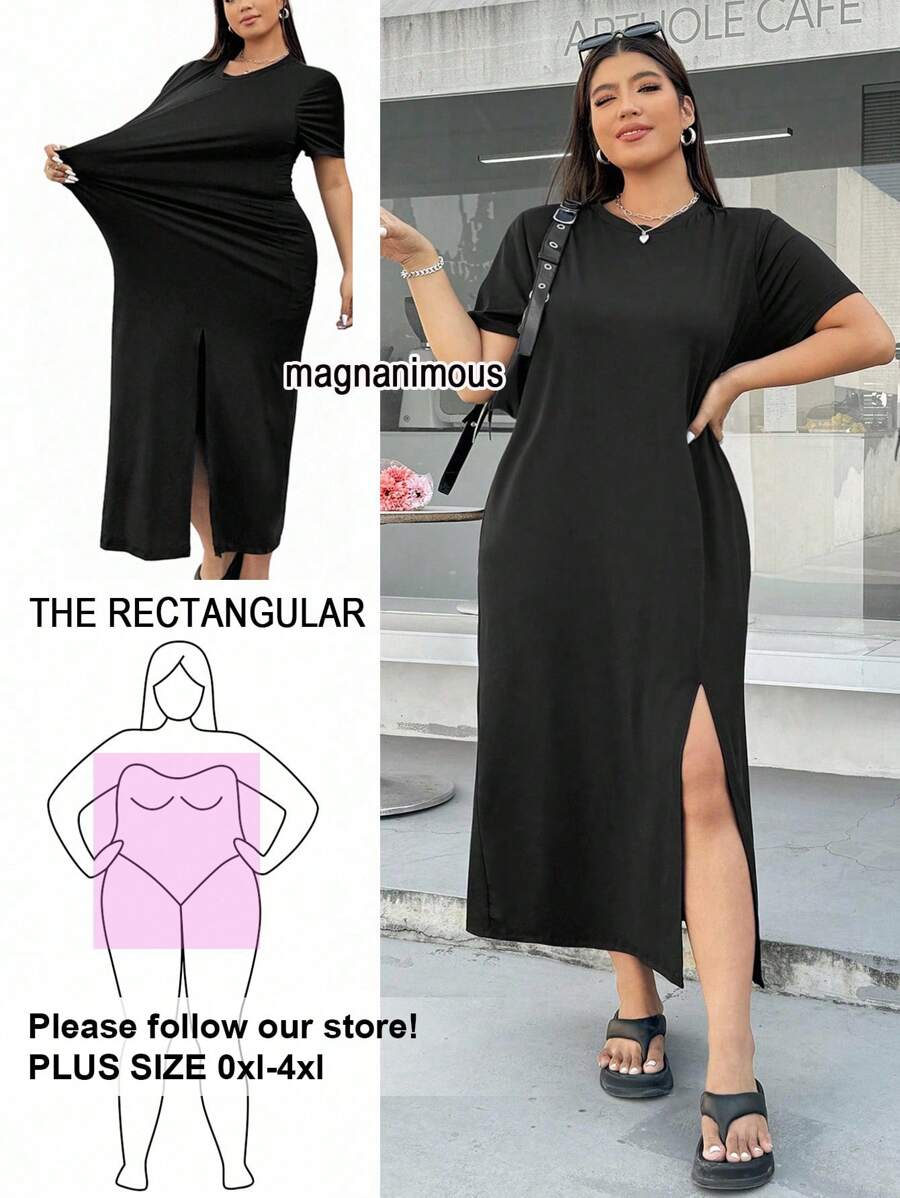 Solflare Casual Versatile Black Split Short Sleeve Plus Size Dress