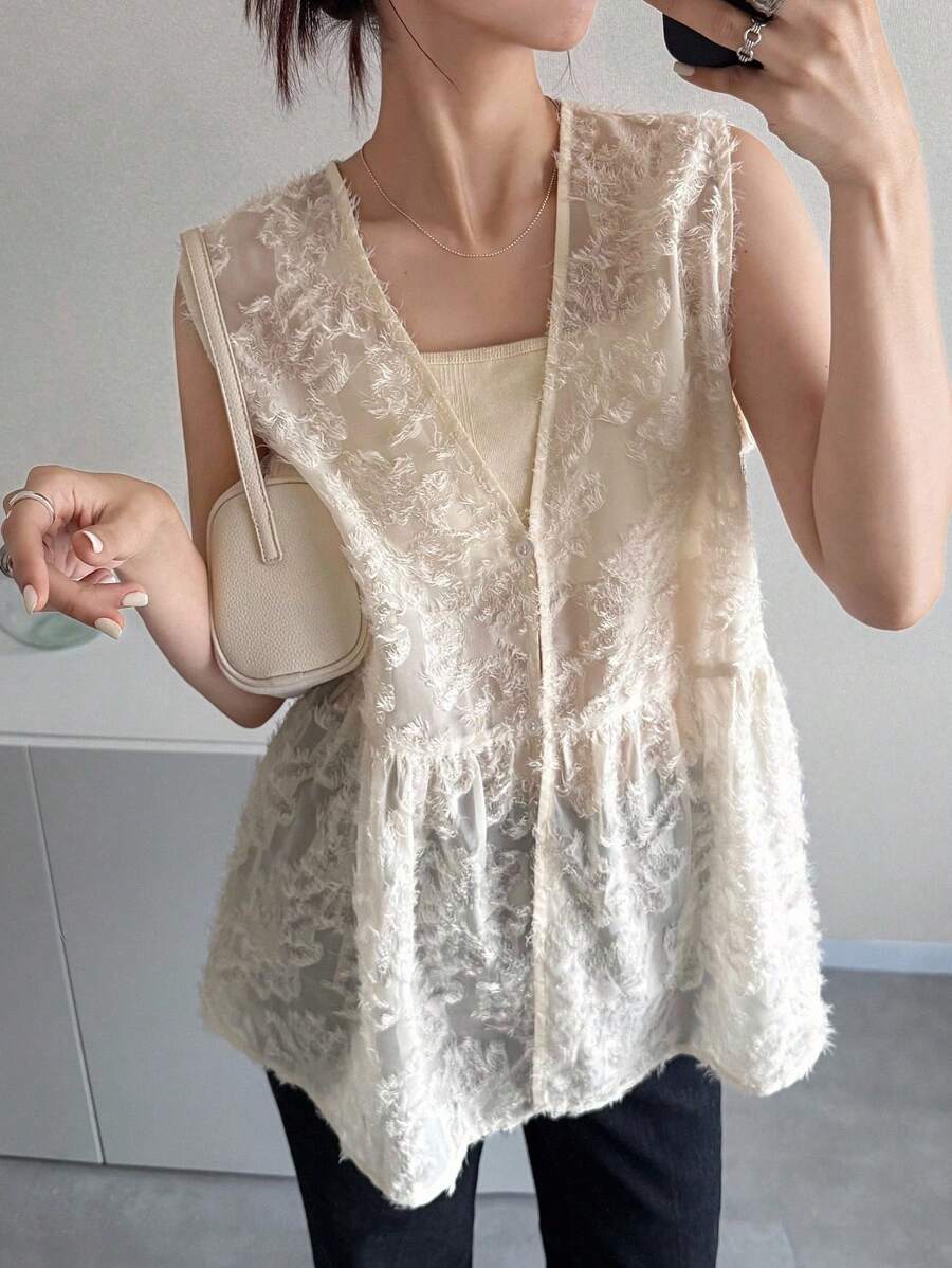 FRIFUL Veste sans manches ample en tissu texturé à col en V pour femmes