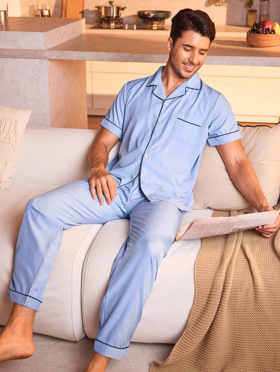 Manfinity Underwear&Sleepwear Basics Heren Blauw Korte mouwen En Lang Broeken Huiskleding Sets