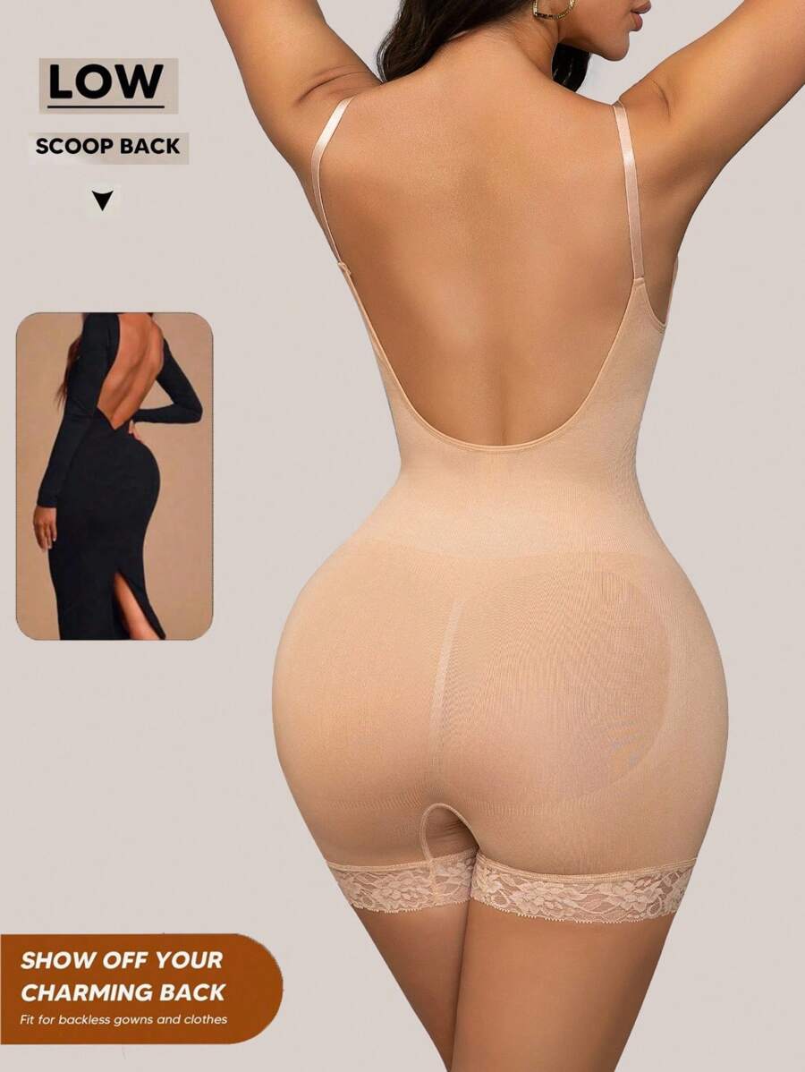SHEIN 1pc Seamless Body Shaper For Women With Waist Trainer, Tummy Control, Butt Lifter, Backless, Square Collar, Bodysuit