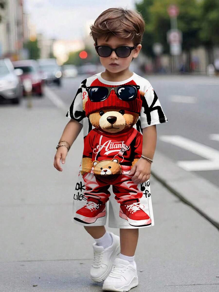 SHEIN Conjunto de 2 piezas de ropa de verano para niño pequeño con estampado de oso de dibujos animados: camiseta de manga corta y pantalones cortos
