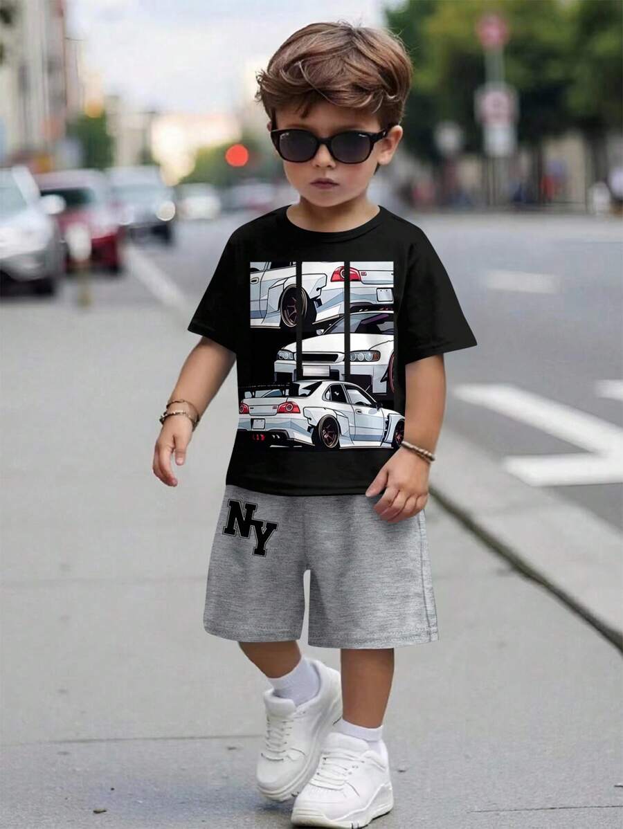 SHEIN Conjunto de shorts de manga corta y pantalones cortos con estampado de coche blanco, NY, Nueva York para niños jóvenes, casual y sencillo, adecuado para el verano