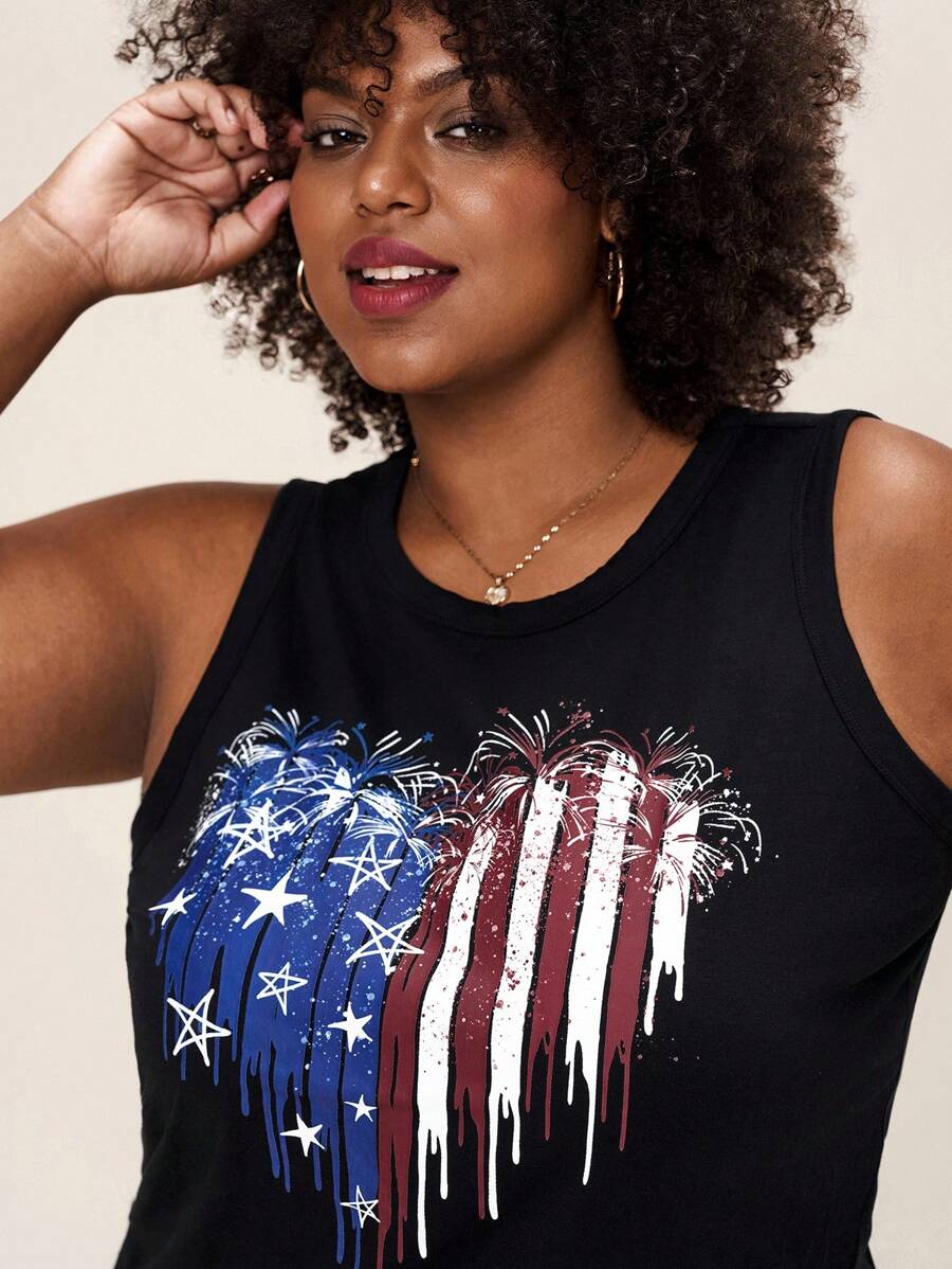 Comfylo Plus Size Independence Day Element Printed Casual Summer Tank Top