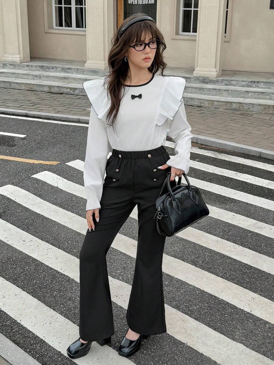 SHEIN Conjunto de blusa con lazo y mangas cortas + pantalones de pierna ancha en estilo dulce para niña