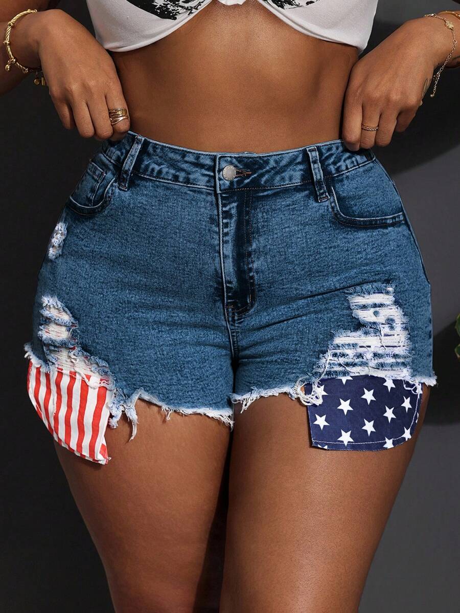 Slaydiva Plus Size Women 4th Of July Sexy Stretch Denim Super Short Shorts, Blue Women Summer Clothing Women S Clothes Woman S Summer Clothes Women S Bottoms Women Jeans Plus Size