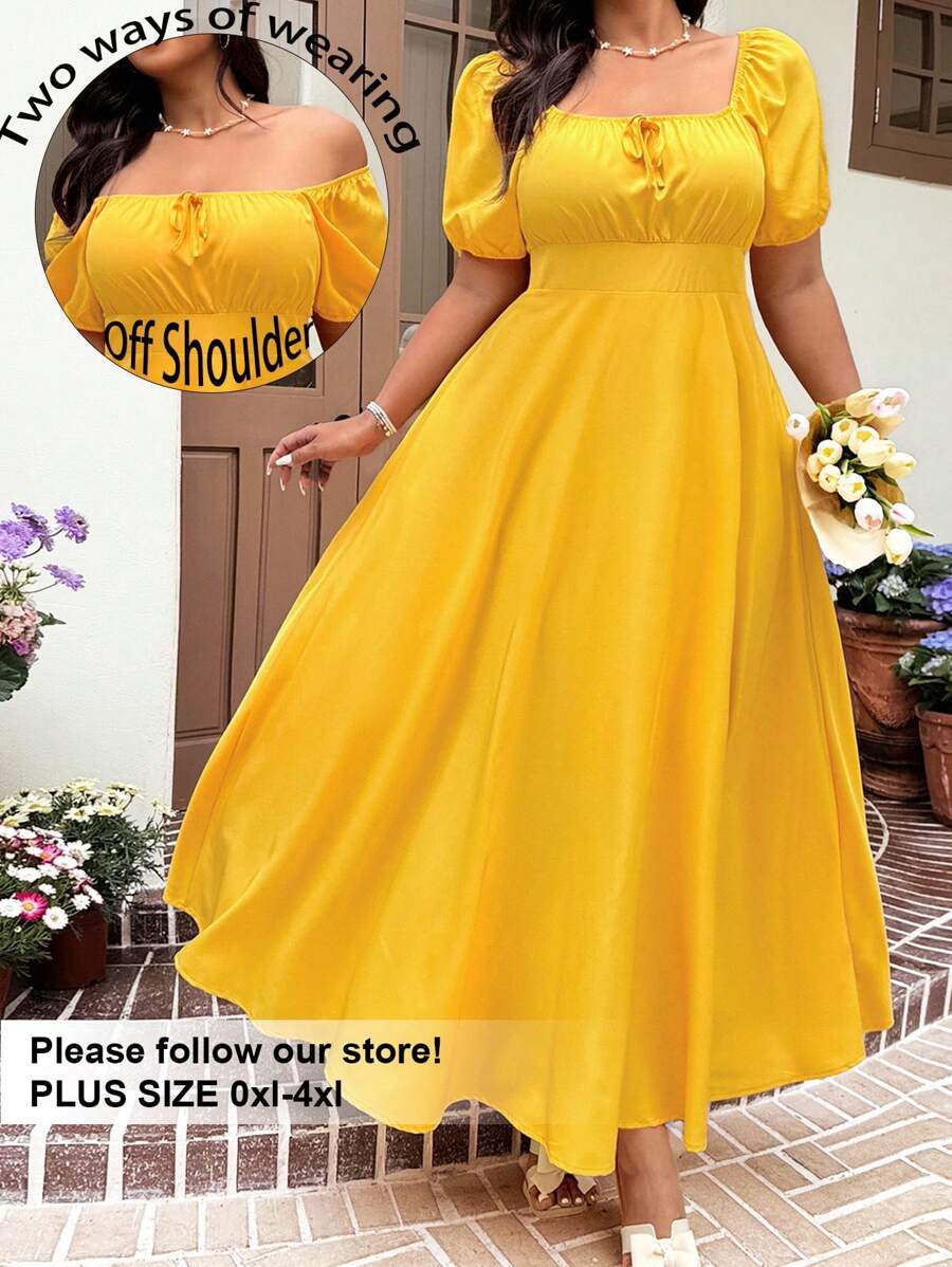 Solflare Solflare Plus Size Women Yellow Short Sleeve Casual Tie Front Waist Cinched Elegant Vacation Outfits Woman Casual Wedding Guest Dress, Spring/Summer, Sun Dress,Graduation Dress,Festival,Birthday Dresses For Women
