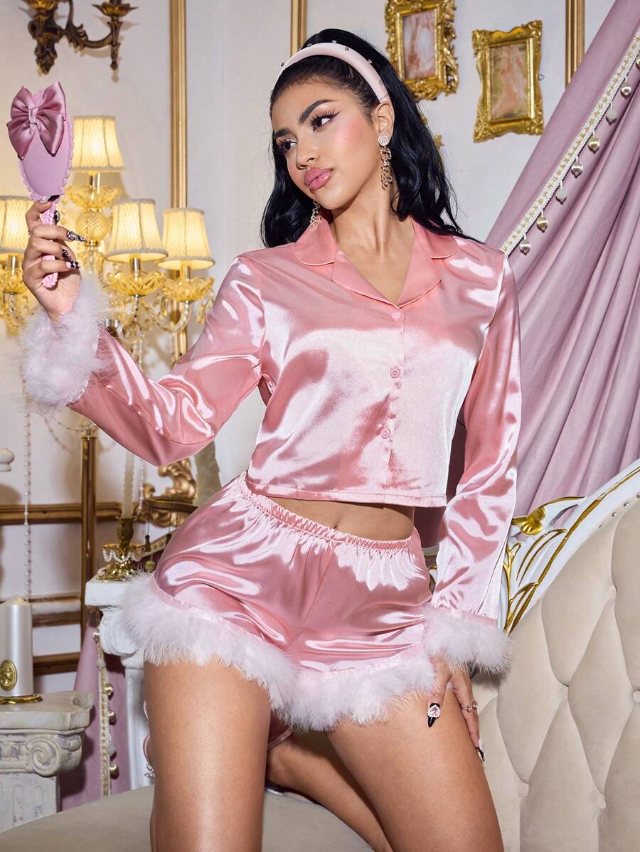 FairyFlirt Women's Fashionable Satin Pajamas Set With Plush Trim Design, Vacation