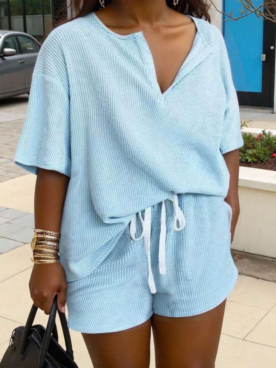 INAWLY Plus Size Women Solid Color Notched V-Neck Dolman Sleeve Loose Top And Waist Tie Shorts Casual Two-Piece Set