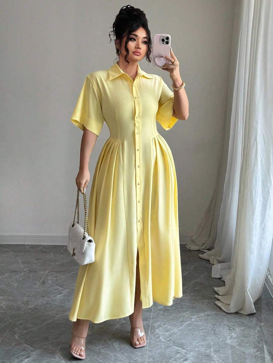 Elenzga Robe courte à manches courtes de tous les jours simple et unie pour femme en grande taille