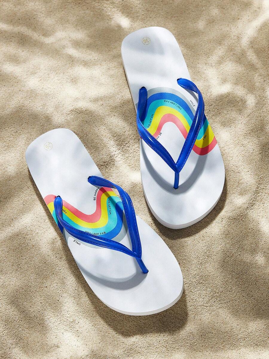 Women's Flip Flops, Comfortable Lightweight Soft Bottom Non-Slip Breathable Outdoor Casual Fashion Beach Sandals, Cute Rainbow Design