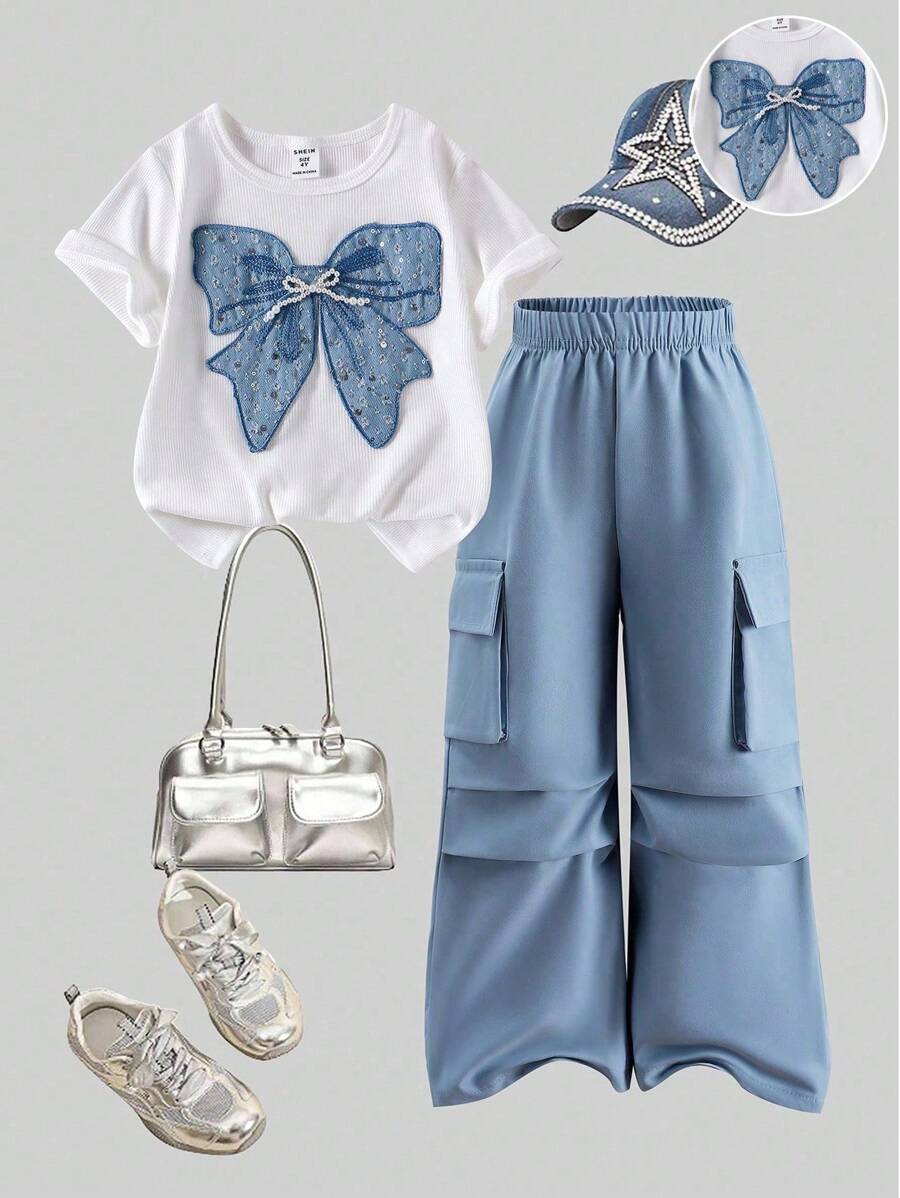 SHEIN Wildeya 2pcs/Set Young Girl Knitted White Short Sleeve Top T-Shirt & Blue Knitted Sequin Bow Decor Cargo Pants, Summer Outfit