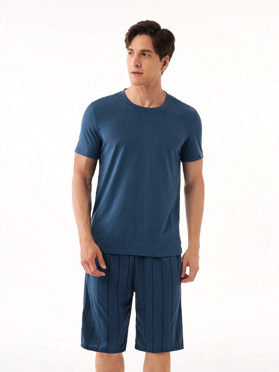 Manfinity Men Solid Tee & Striped Print Shorts PJ Set / Pajama Set