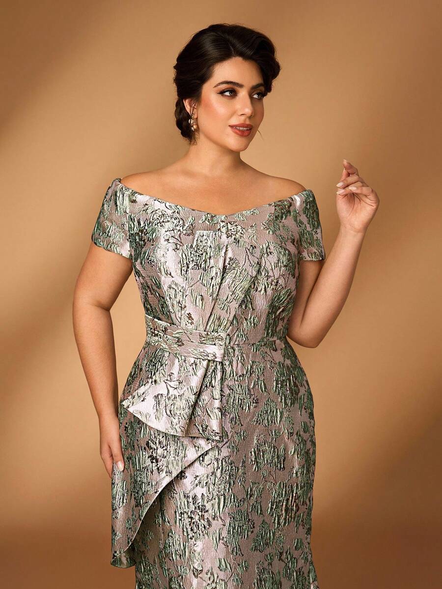 Serin Robe élégante et luxueuse grande taille en jacquard avec épaules dénudées, nœud papillon, fente et queue de poisson, convenant pour les mariages, événements, fêtes, lunes de miel, galas, mères de la mariée, l'été