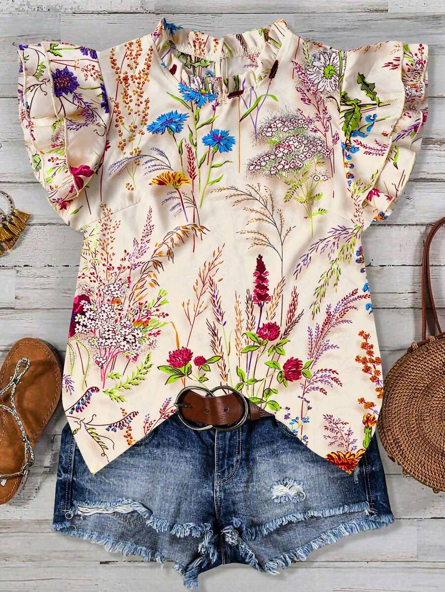 GlowEve Women's Spring/Summer Casual Apricot Base Colorful Floral Print Stand Collar Double Layer Ruffle Sleeve Short Sleeve Blouse
