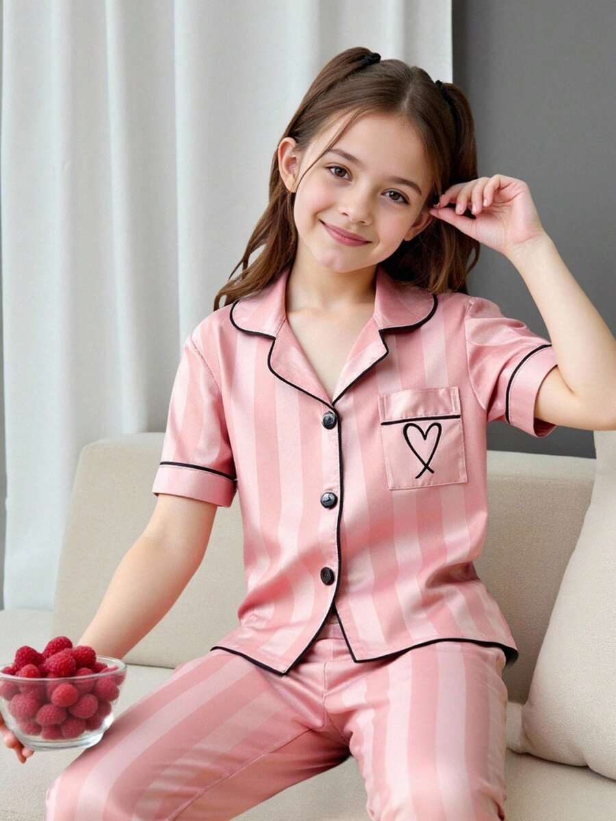 SHEIN 2pcs/Set Girls Teen Cute Casual Plaid Heart Embroidery Comfortable Short Sleeve Top & Pants Loungewear ,Summer,Travel