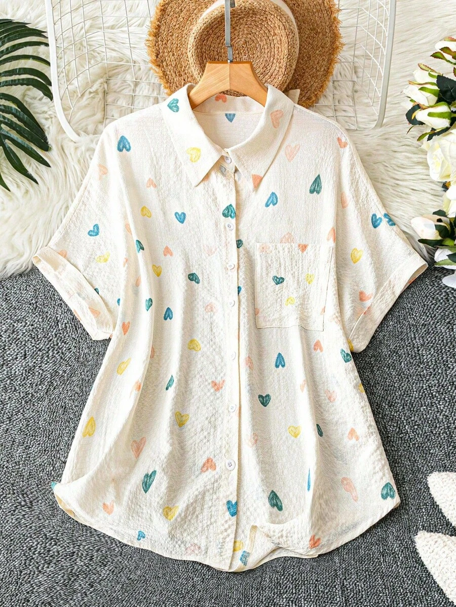 SHEIN LUNE Court Retro Plus Size Women's Front Button Short Sleeve Pocket Heart Detail Casual Shirt