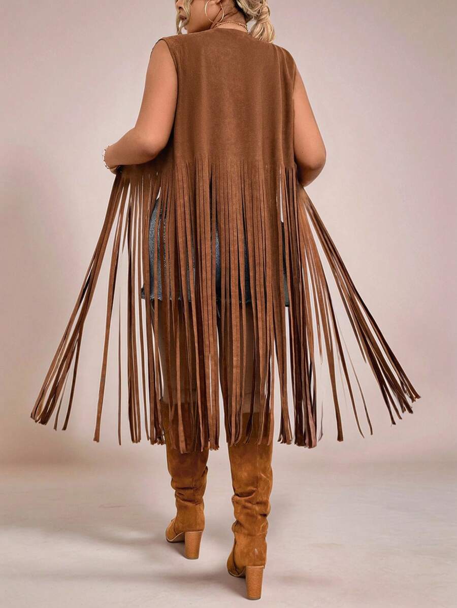 Freevana Autumn/Winter Brown Tassel Bohemian Style Country Music Festival Long Sleeveless Women Casual Coat Vacation Outfits Woman Vacation Outfits Woman