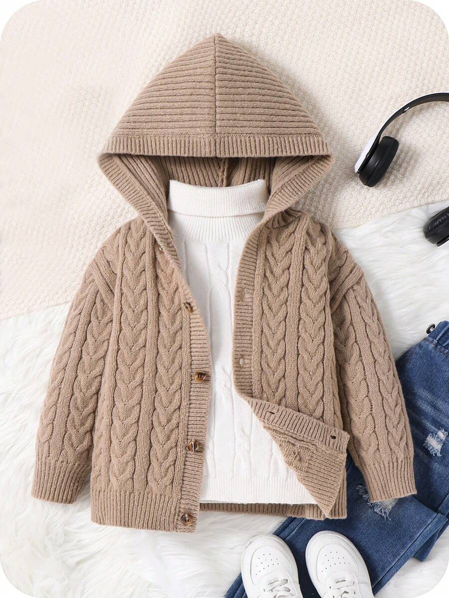 1 pezzo Cardigan con cappuccio rilassato, da ragazzi, in maglia a coste, tinta unita color cachi, adatto per viaggi, scuola, uso quotidiano, stagione autunno/inverno