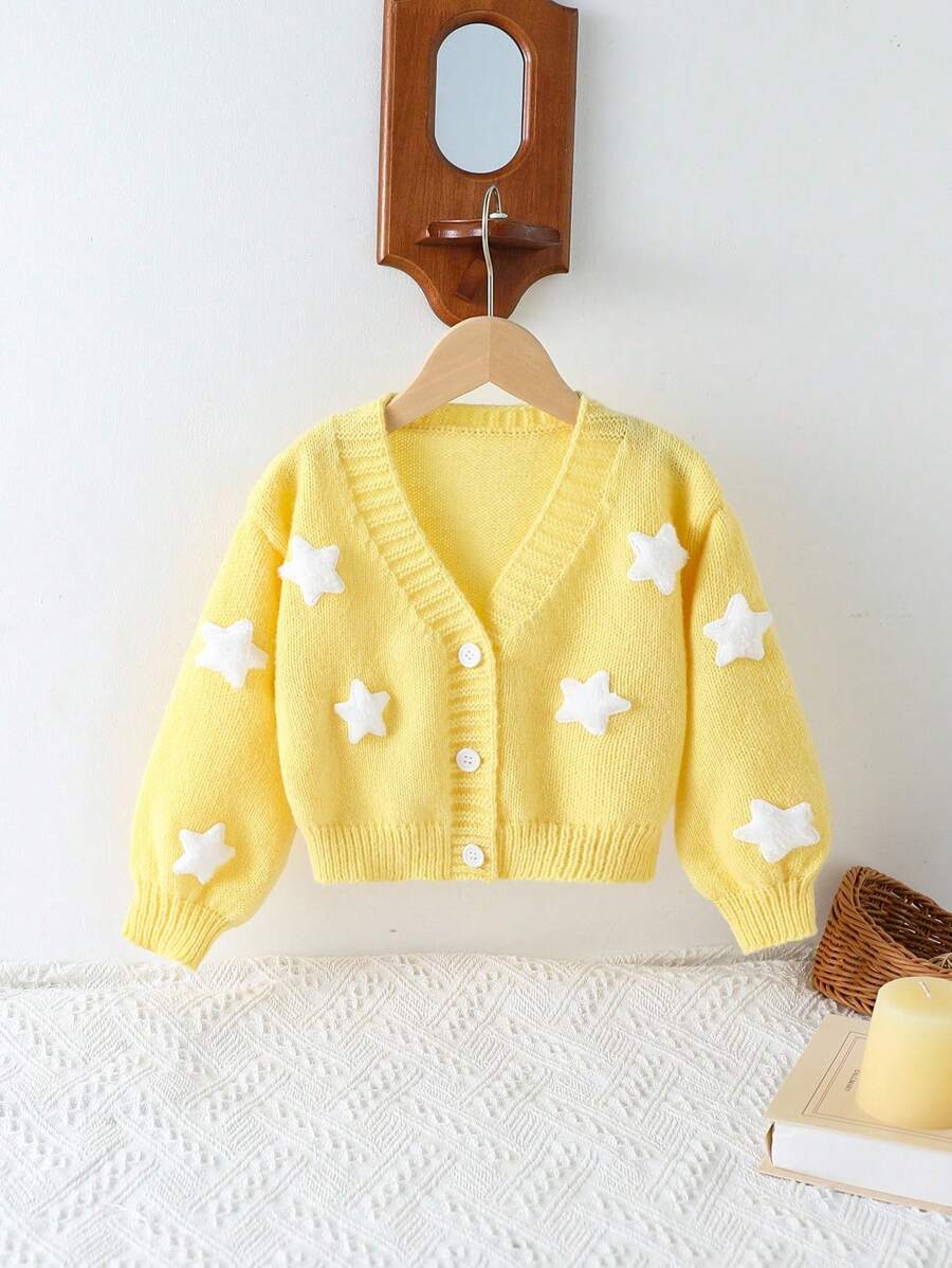 SHEIN Playful Pals Jeune fille à la mode décontractée mignon doux Cardigan pull 3D étoile
