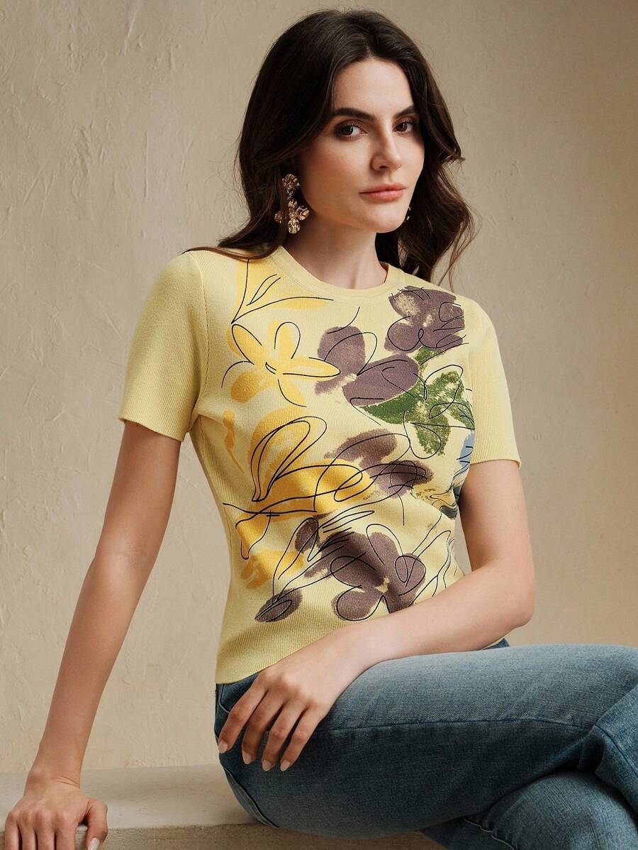 Anewsta Maglietta elegante da donna a maniche corte con stampa floreale, collezione primavera/estate